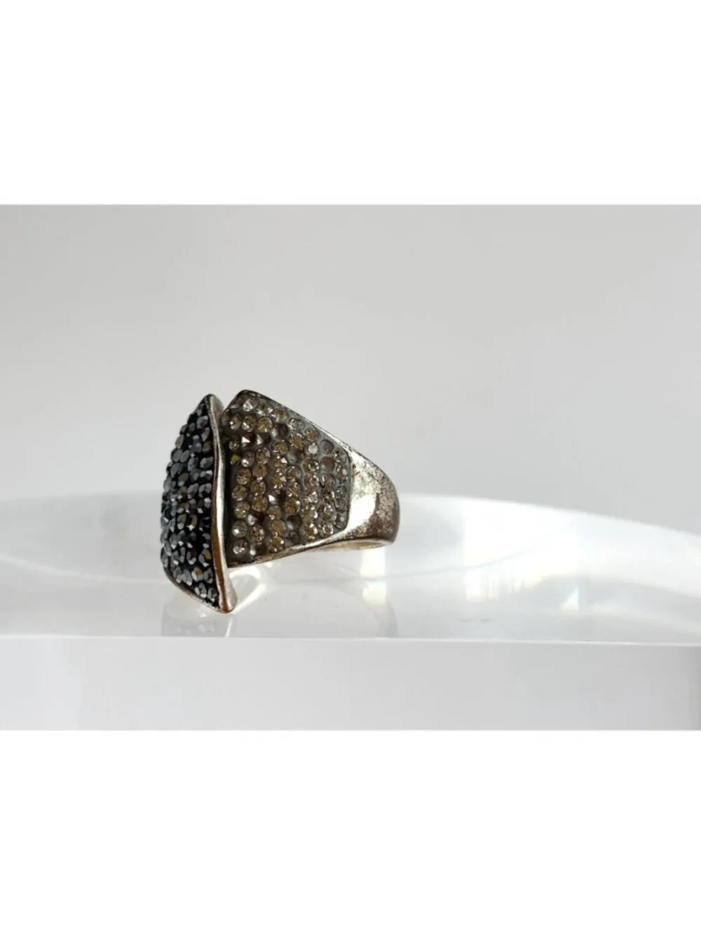 Modernist Folded Multi Rhinestone Brass Plated Malaysian Vintage Ring - sz 8